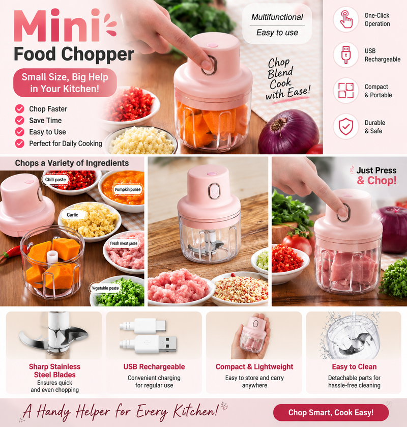 Mini Food Chopper Portable USB Rechargeable Vegetable Garlic Meat Grinder
